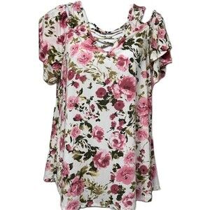 Discreet Floral‎ Print Multicolored Short Sleeve  Open Shoulder Size XL Top